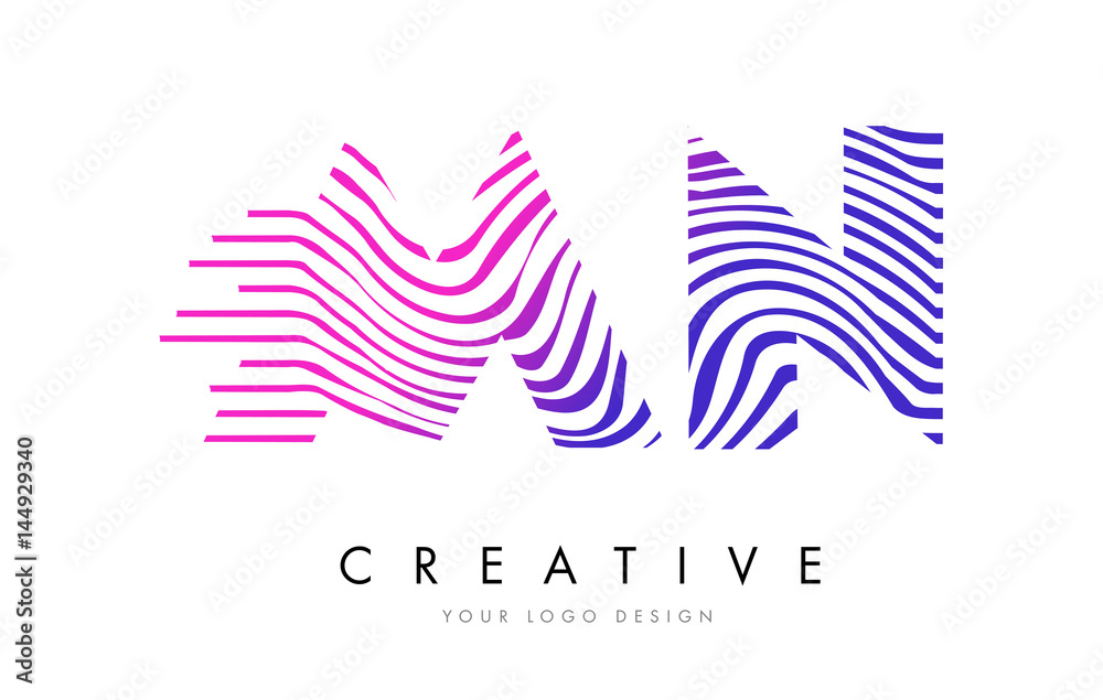 MN M N Zebra Lines Letter Logo Design with Magenta Colors