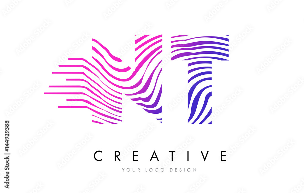 NT N T Zebra Lines Letter Logo Design with Magenta Colors