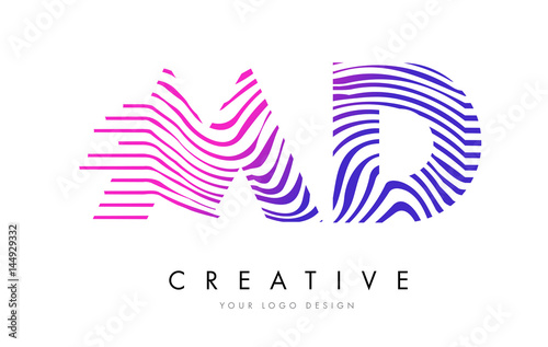 MD M D Zebra Lines Letter Logo Design with Magenta Colors