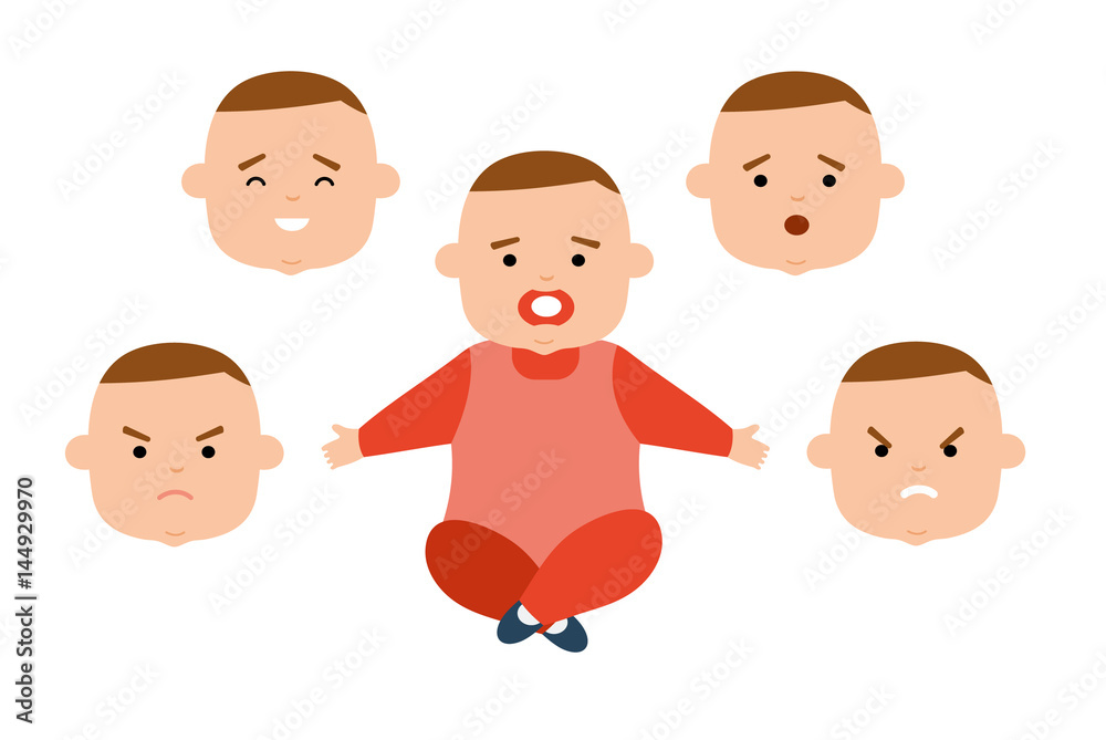 Toddler with different facial expressions. Joy, sadness, anger, surprise, irritation. Baby different emotions. Avatar icons Flat vector illustration Toddler with different facial expressions. Joy, sadness, anger, surprise, irritation. Baby different emotions. Avatar icons Flat vector illustration