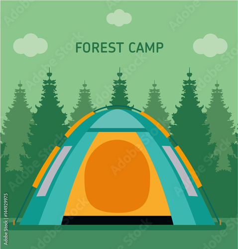 The forest camp. The tent in a forest. Flat style illustration