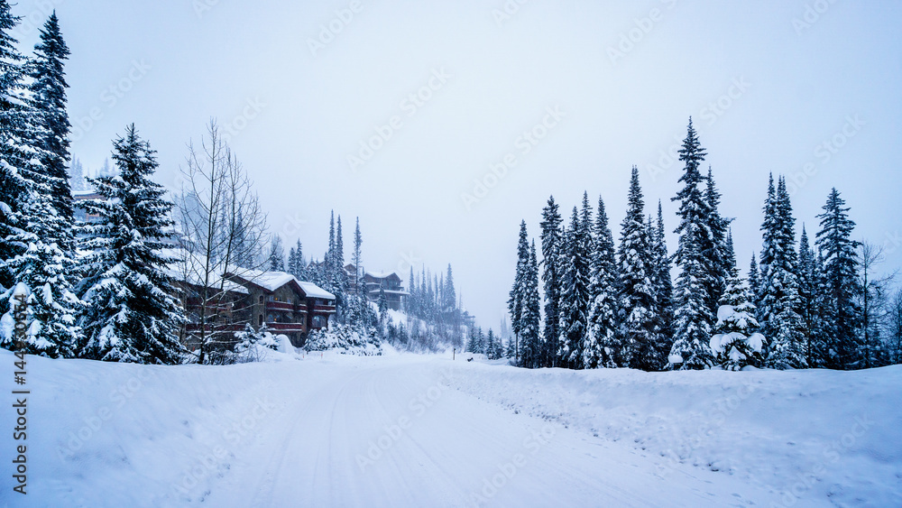 Snow covered houses and streets in a neighborhood of  the alpine village of Sun Peaks in the Shuswap Highlands of central British Columbia, Canada