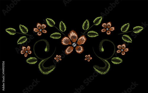 Embroidery, floral ornament, fantasy flowers, fashion decor, Pen tool draw.