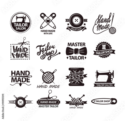 Set of logos for handmade shops. Tailor salon advertisement logotypes.