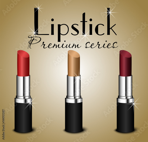 Beauty concept, idea for a magazine, cosmetic cosmologist. Three lipsticks shades in a black case realistic illustration. Product Decorative cosmetics. 3d