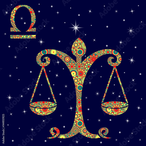 Zodiac sign Libra with variegated flowers fill over starry sky
