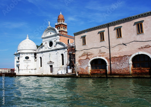 View from the Venice lagoon of the church of San Michele in Isola on the cemetery island of San Michele , Venice, Italy