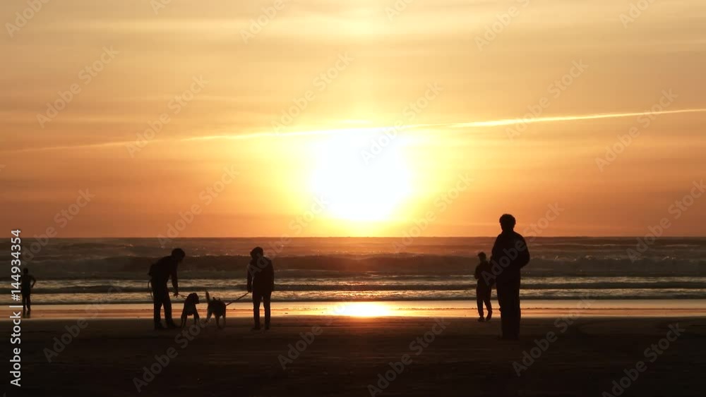 Silhouettes of people enjoying a beautiful sunset at the beach on the Oregon Coast and Pacific Ocean. Silhouettes of people enjoying a beautiful sunset at the beach on the Oregon Coast and Pacific Ocean.