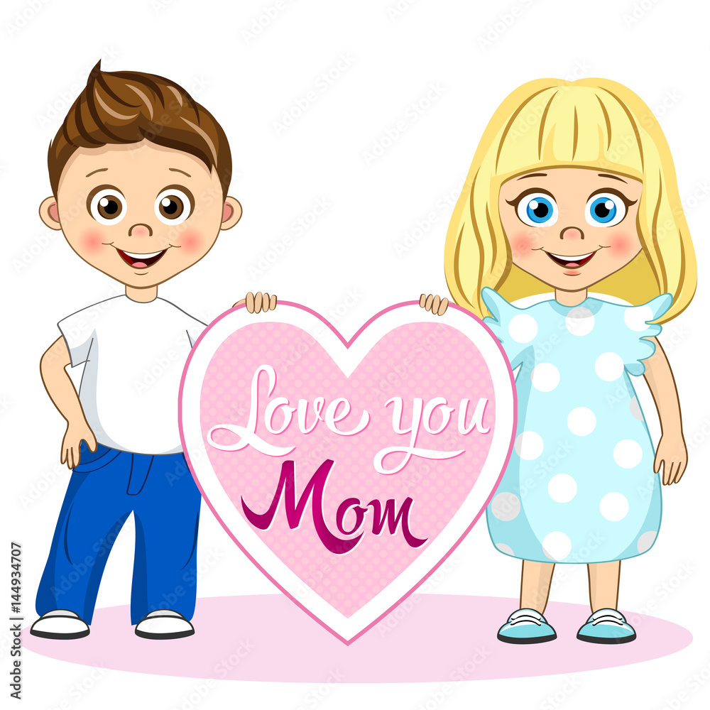 Vector cute children with poster Love you Mom. Stylish kids illustration Vector cute children with poster Love you Mom. Stylish kids illustration