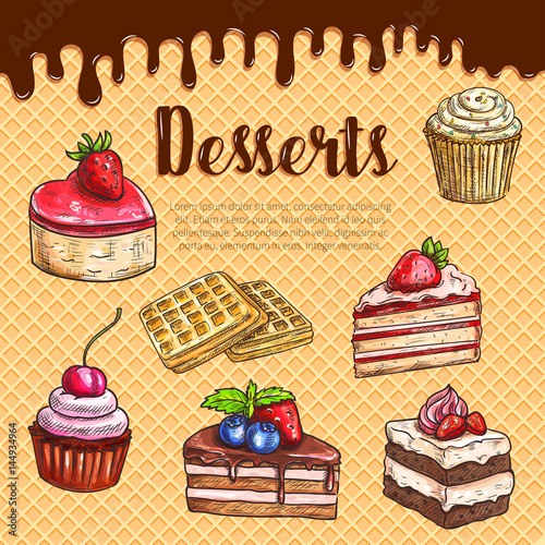 Vector waffle poster with dessert cake pies