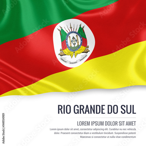 Flag of Brazilian state Rio Grande do Sul waving on an isolated white background. State name and the text area for your message. photo