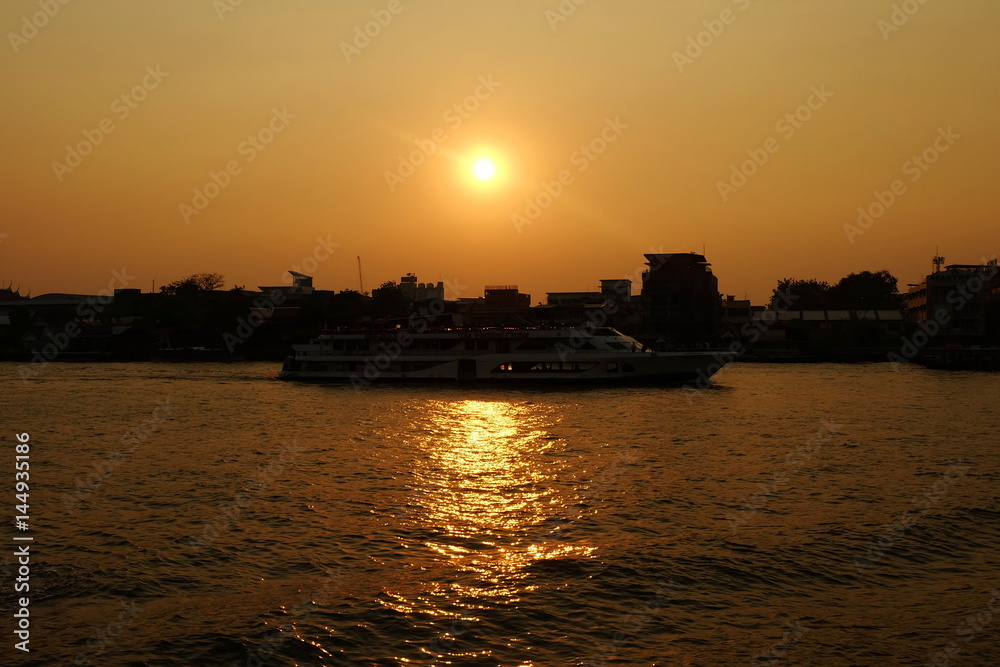 Sunset at Chaophraya River. Chaophraya River is the major river in Thailand.