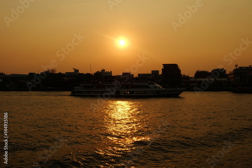 Sunset at Chaophraya River. Chaophraya River is the major river in Thailand.