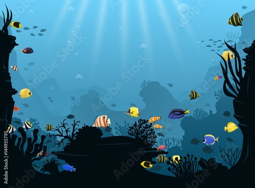 Fototapeta Naklejka Na Ścianę i Meble -  Underwater landscape with various swimming tropical fish.
