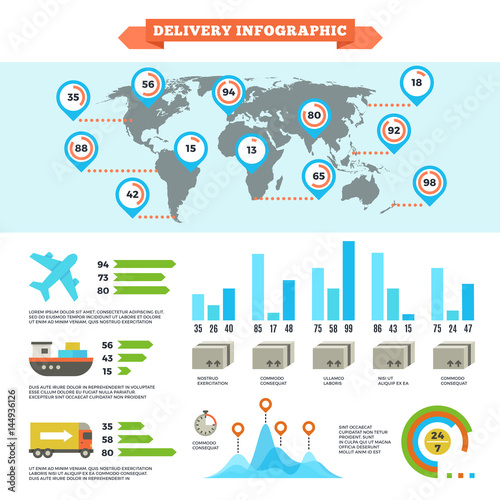 Logistics delivery shipping and cargo loading vector infographic with world map and charts