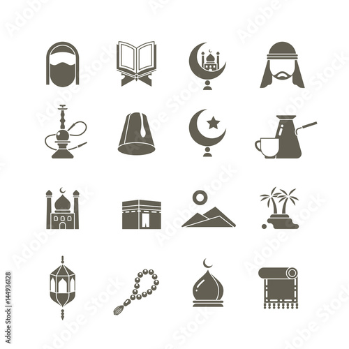 Muslim islamic middle east religion vector icons. Ramadan kareem pictograms