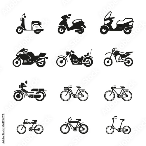 Motorcycle, motorbike, scooter, chopper and bicycle vector silhouette icons
