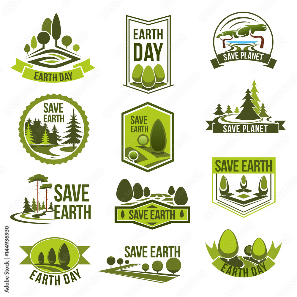 Earth Day, Save Planet eco badge set