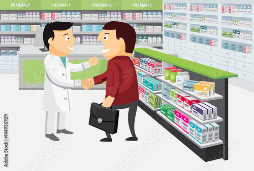 Modern interior pharmacy and drugstore. Sale of vitamins and medications. Funny cartoon flat vector simple illustration.