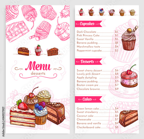 Vector pastry menu with dessert cakes and pies