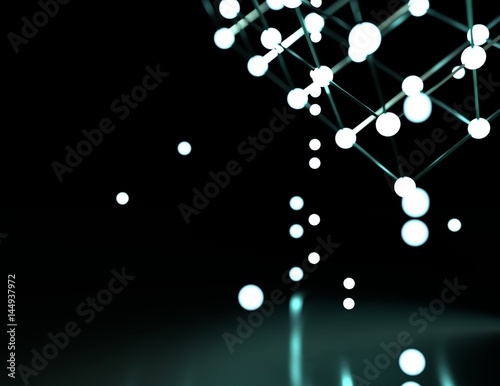 Molecule And Communication Background. Brochure or web banner design. Lines and spheres. Medical, technology, and science relative. Shallow depth of field. Neon shine illumination. 3D rendering.