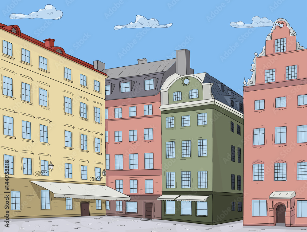 Old city view. Colored houses. Stortorget square in Stockholm. Vector illustration
