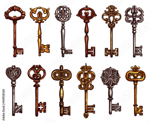 Vector isolated icons sketch of vintage keys