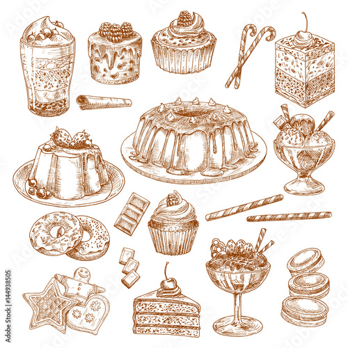 Vector sketch icons of cake desserts and pastry