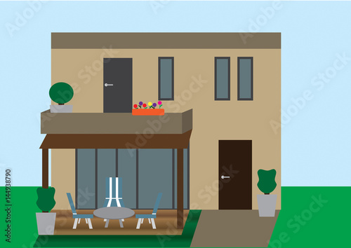 House with flowers flat vector with background