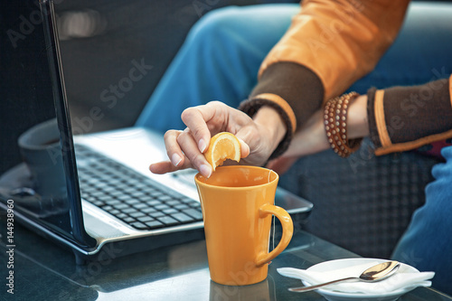 Young Woman in Cafe. Close up Concept.