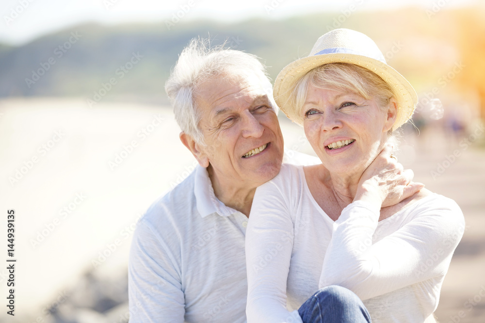 Senior couple relaxing by the sea on sunny day