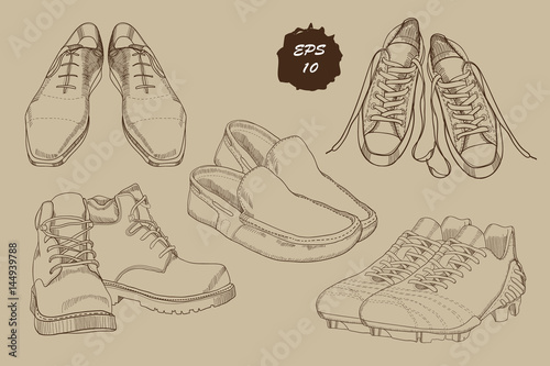Set hand drawn graphic Men Footwear with sepia effect. Casual and sport style, gumshoes for man. Shoes for all seasons. Retro and vintage style. Doodle, drawing Design isolated object for logo.
