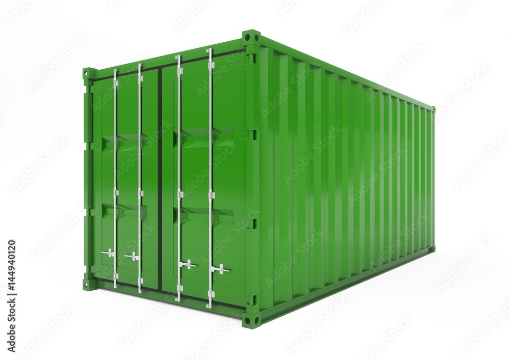 3D rendering Isolated green cargo container on the white background 3D rendering Isolated green cargo container on the white background