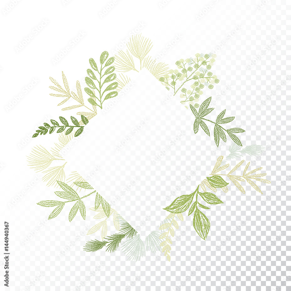 Rhombys greenery floral frame vector. Hand drawn branches and leaves card  decoration. Green rhomb flourish border. Transparent background Stock  Vector | Adobe Stock