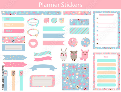 Planner stickers with cute animals and flowers