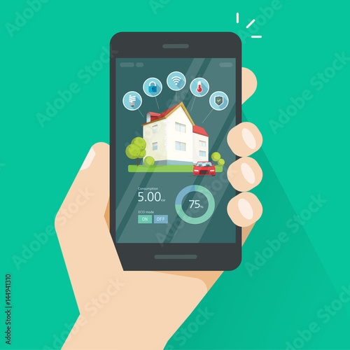 Smart home remote control on mobile phone vector illustration, flat style smartphone with house innovation technology wireless controlling and automation