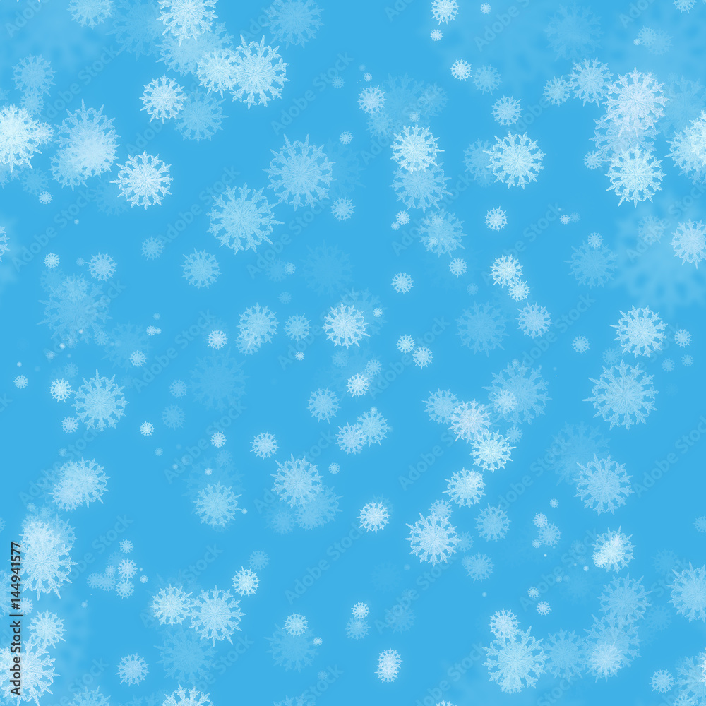 Seamless texture with white snowflakes on light blue background. This image based on macro photo of real snow crystal.