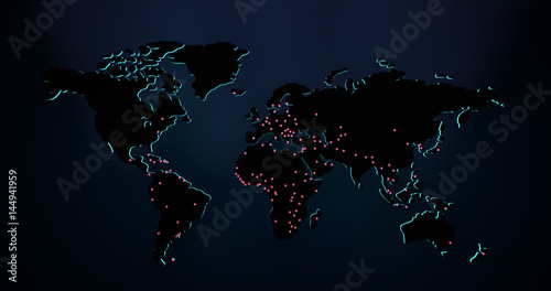 Darkened world map with marked capitals of all countries