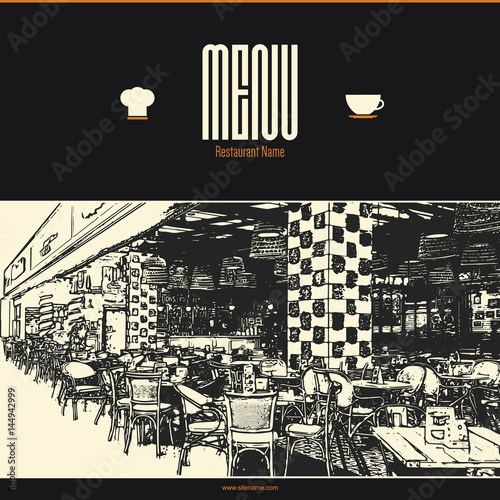 Restaurant menu design. Vector menu brochure template for cafe, coffee house, restaurant, bar. Food and drinks logotype symbol design. With a sketch pictures