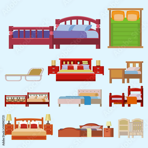 Vector bed icon set interior home rest collection sleep furniture comfortable night illustration.