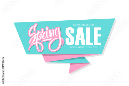 Spring Sale banner with calligraphic element. This weekend only, discount up to 50% off. Banner for business, promotion and advertising. Vector illustration.