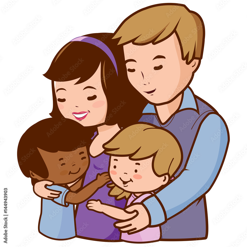 Mother and father hug their adopted children. Vector illustration Mother and father hug their adopted children. Vector illustration