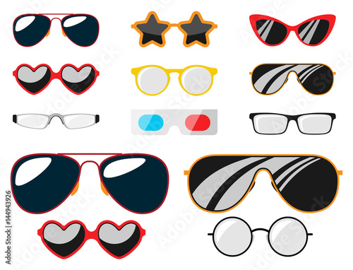 Fashion set sunglasses accessory sun spectacles plastic frame modern eyeglasses vector illustration.
