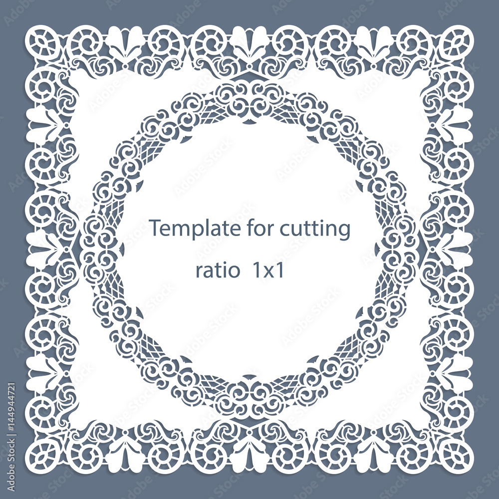 Greeting card with openwork border, paper doily under the cake, template for cutting, wedding invitation, decorative plate is laser cut, vector illustrations. Greeting card with openwork border, paper doily under the cake, template for cutting, wedding invitation, decorative plate is laser cut, vector illustrations.
