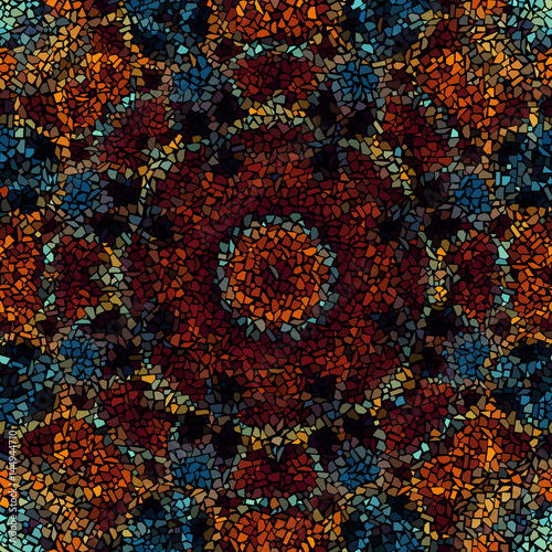 Seamless background pattern. Decorative symmetric mosaic pattern on black background.