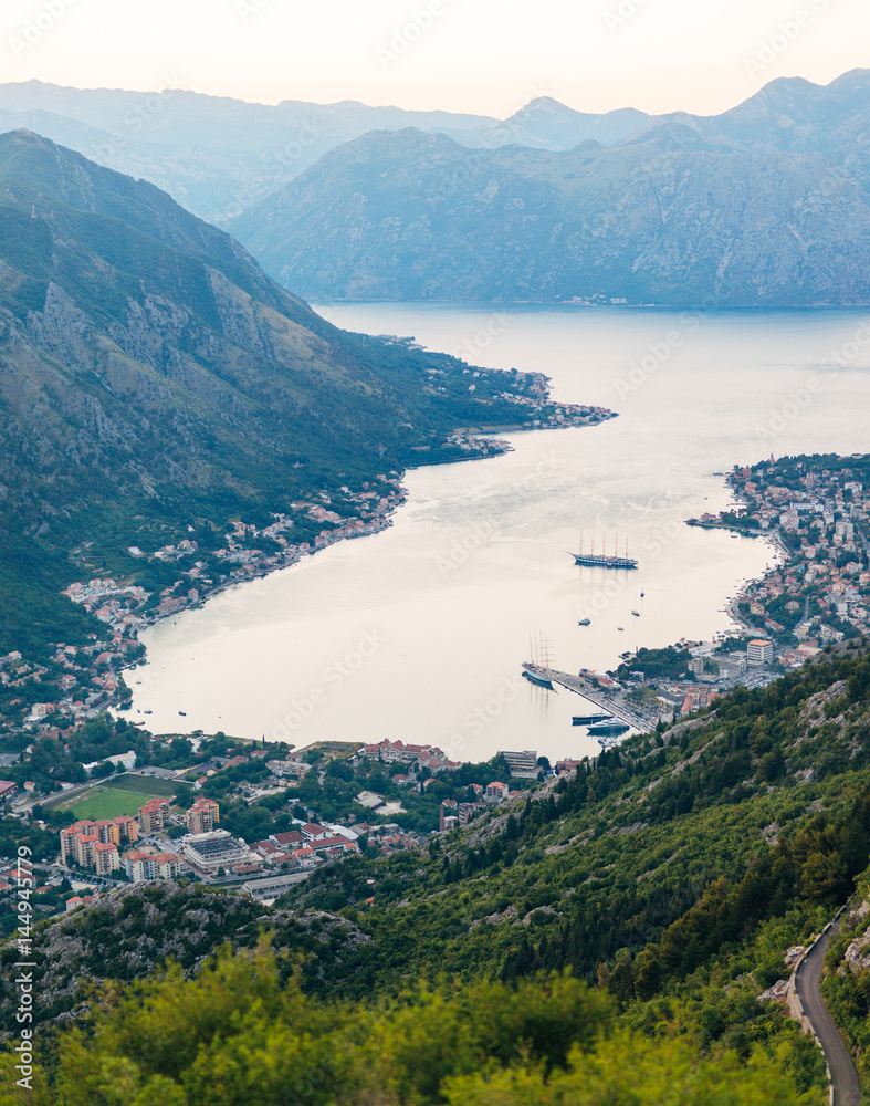 Bay of Kotor with bird's-eye view. The town of Kotor, Muo, Prcanj, Tivat. View of the mountains, sea, clouds