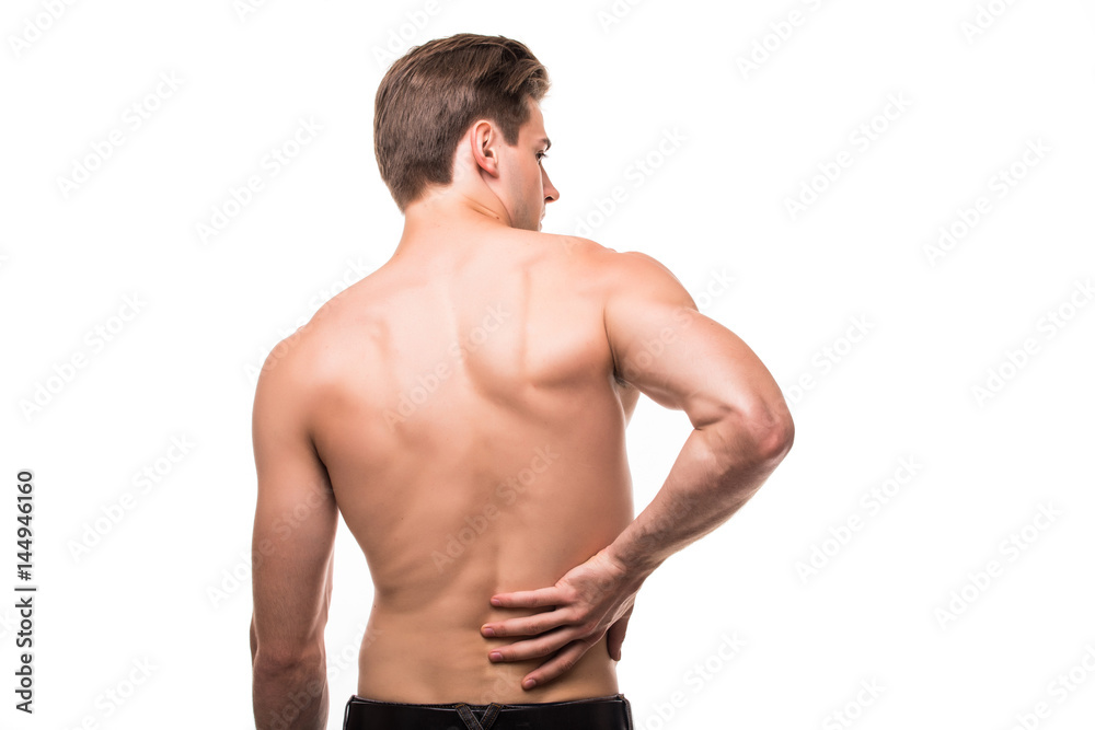 Man rubbing his painful back. Pain relief, chiropractic concept