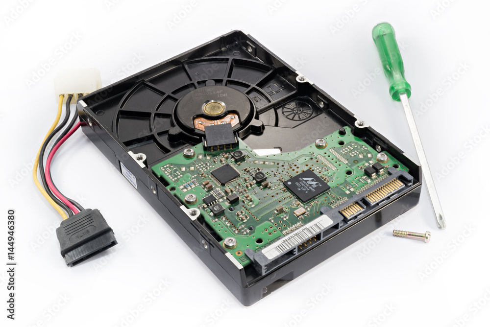 harddisk drive(HDD) with Power Cable, screw, screw driver and sata cable isolated on white background, shallow depth of field, selective focus (detailed close-up shot) harddisk drive(HDD) with Power Cable, screw, screw driver and sata cable isolated on white background, shallow depth of field, selective focus (detailed close-up shot)