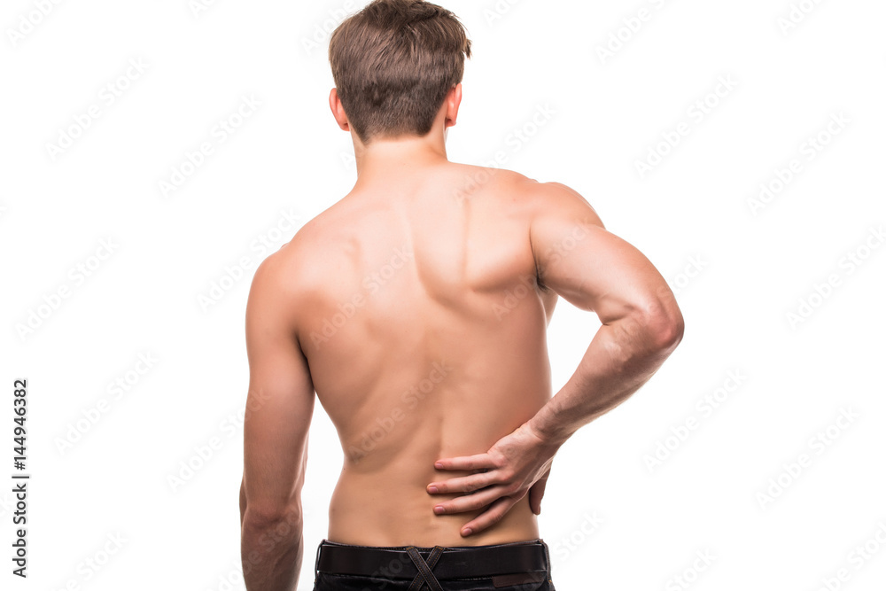 Man rubbing his painful back. Pain relief, chiropractic concept