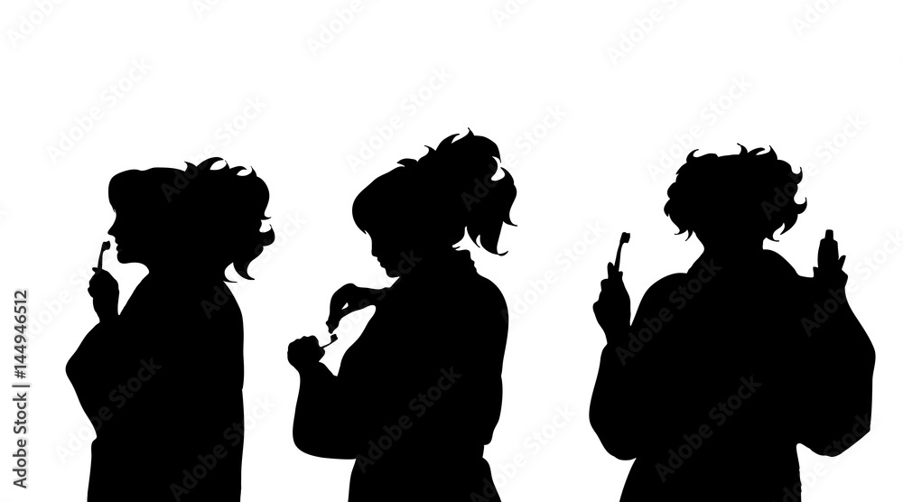 Vector silhouette of woman who clean teeth.